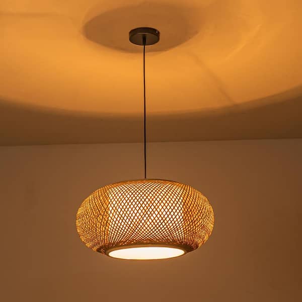 60 -Watt 1-Light Black Oval Bamboo Pendant Light with Fabric Shade, No Bulbs Included