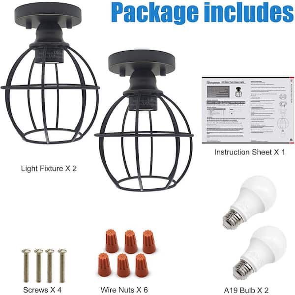 6.5 in. Oil Rubbed Bronze Semi Flush Mount with Metal Cage Ceiling Light Fixture 2 x A19 LED Bulb Included (2-Pack)