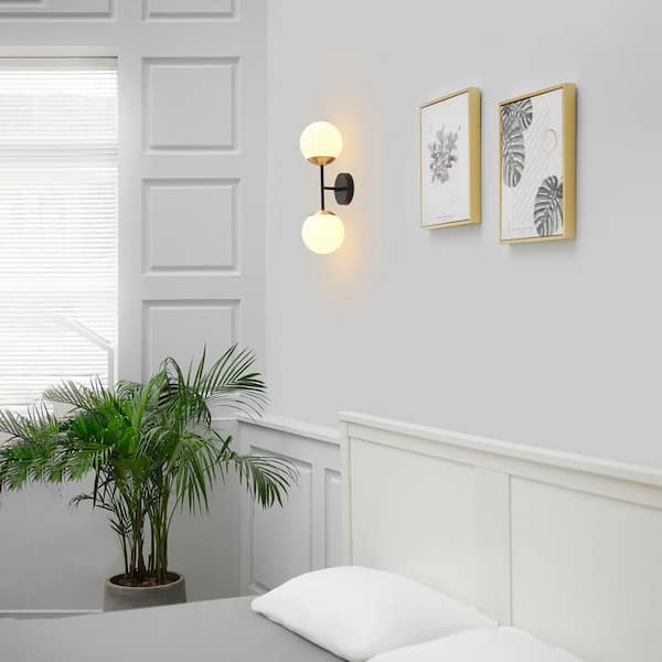 Celestia 2-Light Matte Black Wall Sconce with Antique Brass Socket and Matte Opal Glass Shades