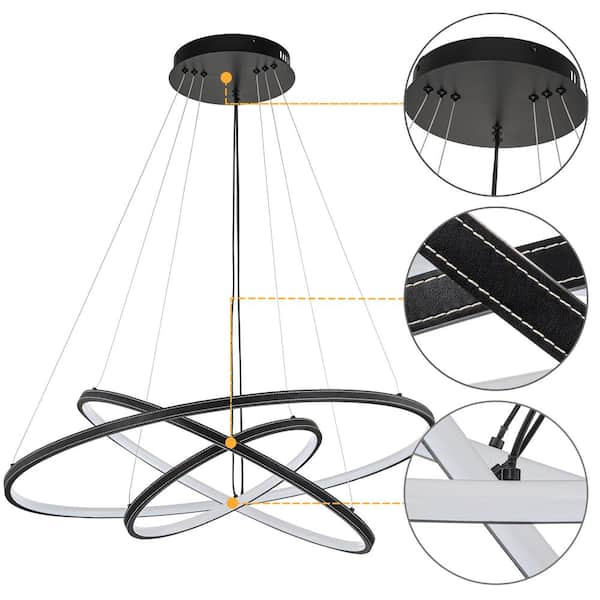 3-Light Dimmable Integrated LED Black Tiered Ring Chandelier with Leather Accent