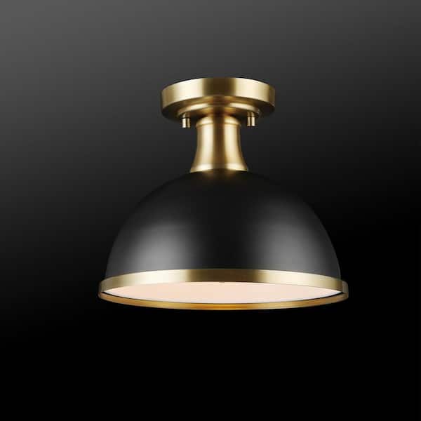 Beckett 10.35 in. 1-Light Matte Black Semi-Flush Mount with Matte Brass Accents