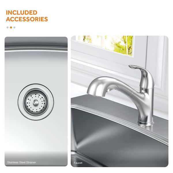 All-in-1-Drop-In Stainless Steel 33 in. 2-Hole 50/50 Double Bowl Kitchen Sink with Pull-Out Faucet