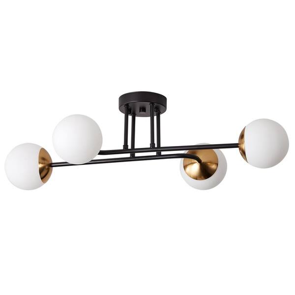 28 in. Modern 4-Light Black Semi Flush Mount Industrial Black and Gold Sputnik Chandelier