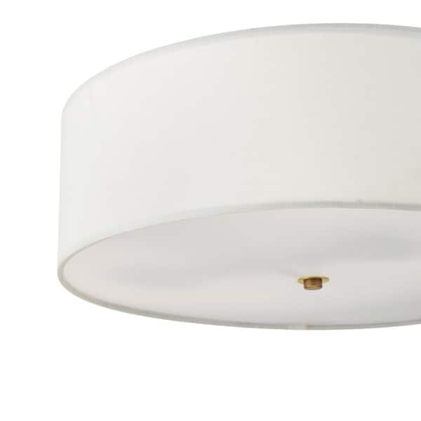 Kyle 15.9 in. 2-Light Matte Brass Semi-Flush Mount with White Linen Shade