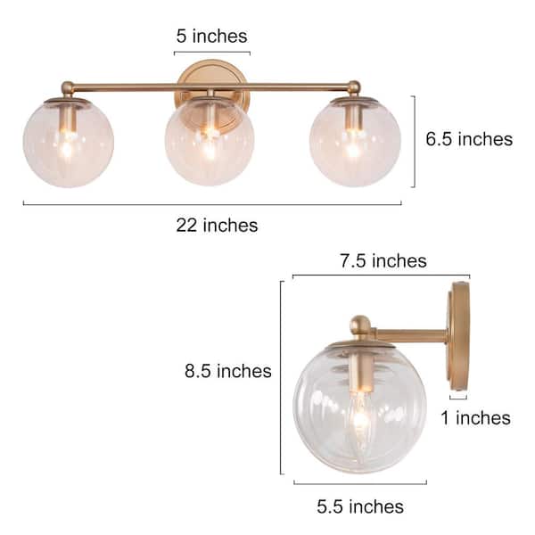 Mid-Century Modern Globe Bathroom Vanity Light 3-Light Brass Gold Round Wall Light with Clear Glass Shades
