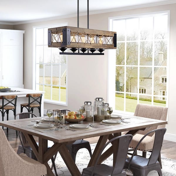 Wood Chandelier Black Farmhouse Island 5-Light Rectangular Cage Ropes Chandelier with Cylinder Clear Glass Shades