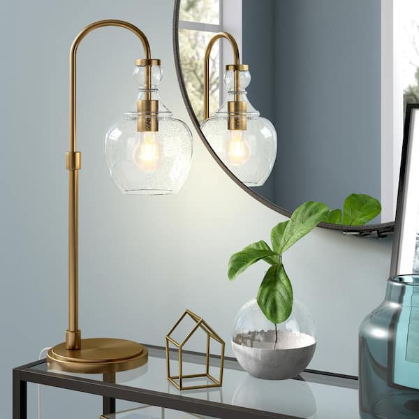 Verona 27 in. Brushed Brass Arc Table Lamp with Seeded Glass Shade