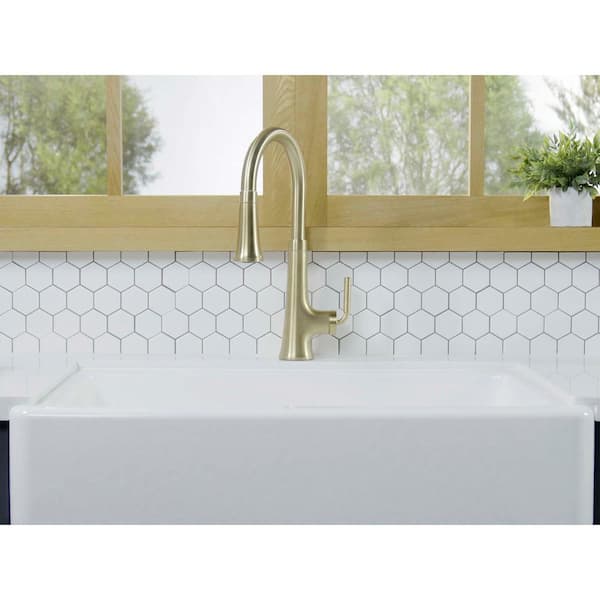 Tone Single Handle Pull Down Sprayer Kitchen Faucet in Vibrant Brushed Moderne Brass