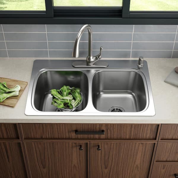 Verse 33 in. Drop-in Double Bowl 20 Gauge Stainless Steel Kitchen Sink with 4-Holes