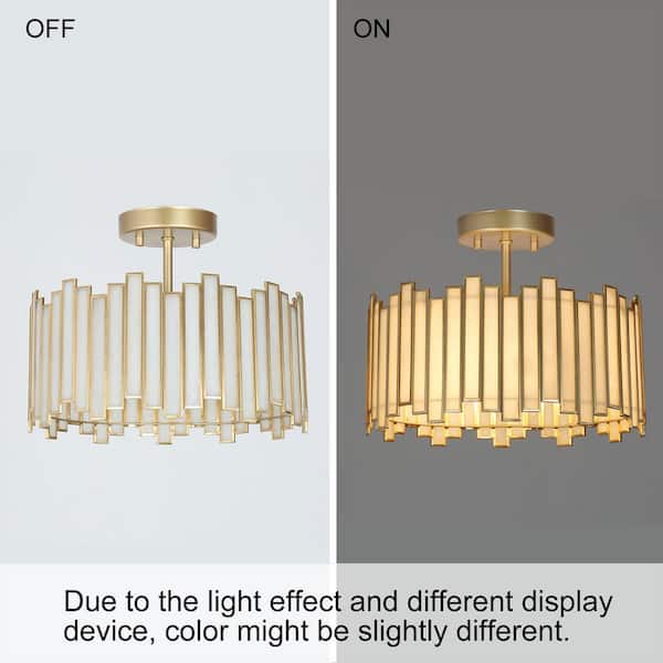 Modern 13 in. 3-Light Gold Drum Semi-Flush Mount with White Stained Glass Shade