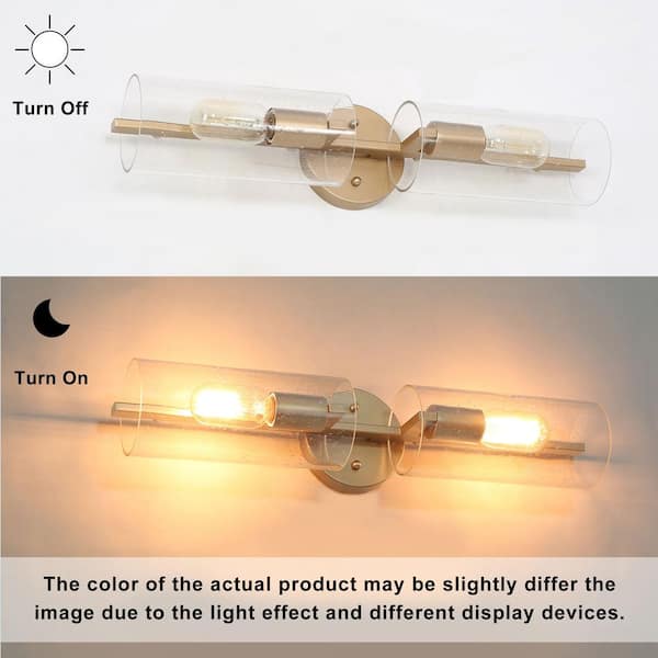 Mid-Century Cylinder Bathroom Vanity Light 2-Light Transitional Brass Gold Tube Wall Light with Seeded Glass Shades