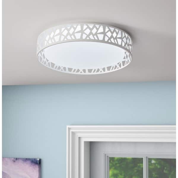 18.5 in. 1-Light White Smart Drum 20-Watt LED Flush Mount Painted White Finished Ceiling Lighting