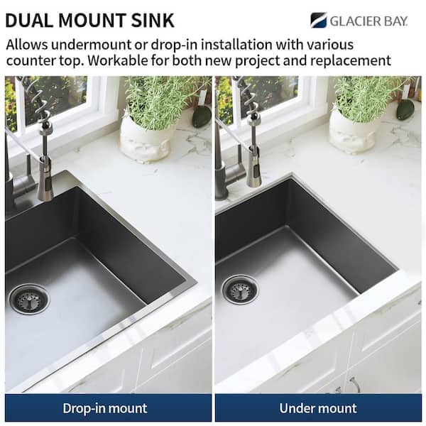 Gunmetal Black Stainless Steel 25 in. 18 Gauge Single Bowl Dual Mount Kitchen Sink with Black Spring Neck Faucet