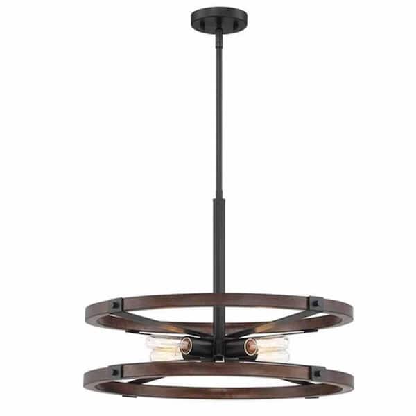 Rockland 60-Watt 4-Light Matte Black Pendant with Painted Wood Accent Shade