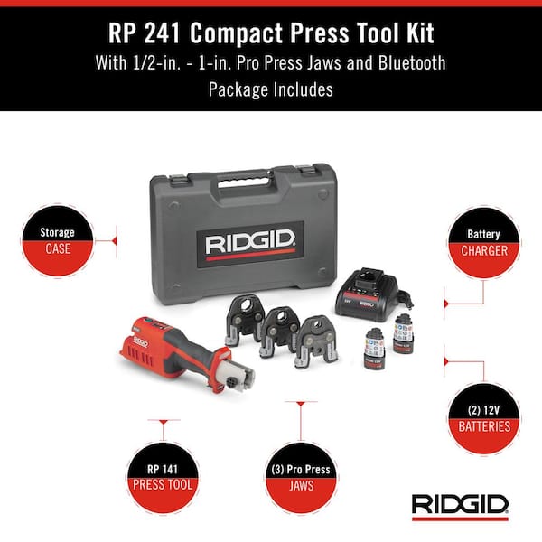 RP 241 Compact Inline Press Tool Kit Includes 3 ProPress Jaws (1/2 in., 3/4 in., 1 in.), 2-12V Batteries, Charger + Case
