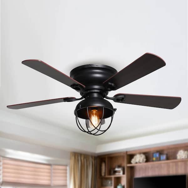 42 in. Industrial Flush Mount Black Ceiling Fan with Light Kit and Remote Control
