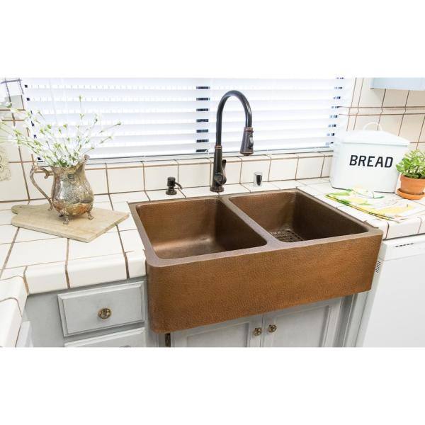 Adams 33 in. Undermount Farmhouse Double Bowl 16 Gauge Antique Copper Kitchen Sink