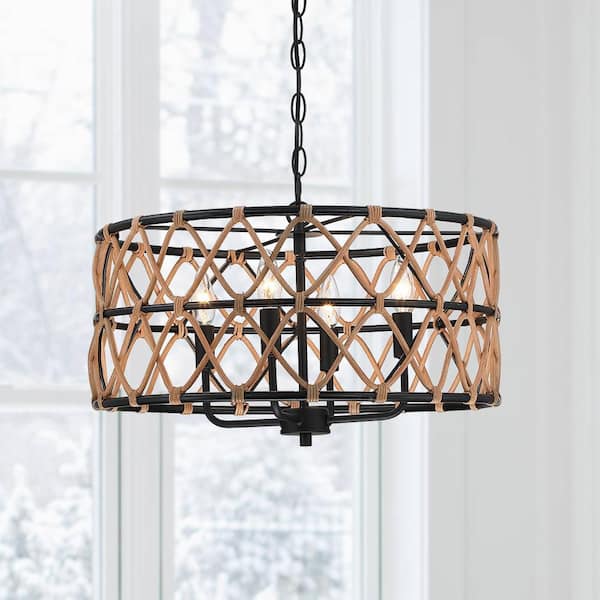 Trellis 20 in. 4-Light Black Drum Chandelier with Natural Rattan Shade