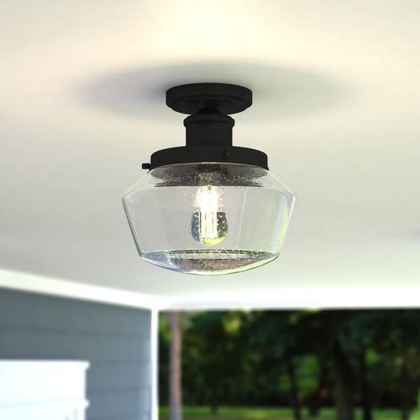Collins Black Farmhouse Outdoor Flush Mount 1-Light Ceiling Light Clear Schoolhouse Glass