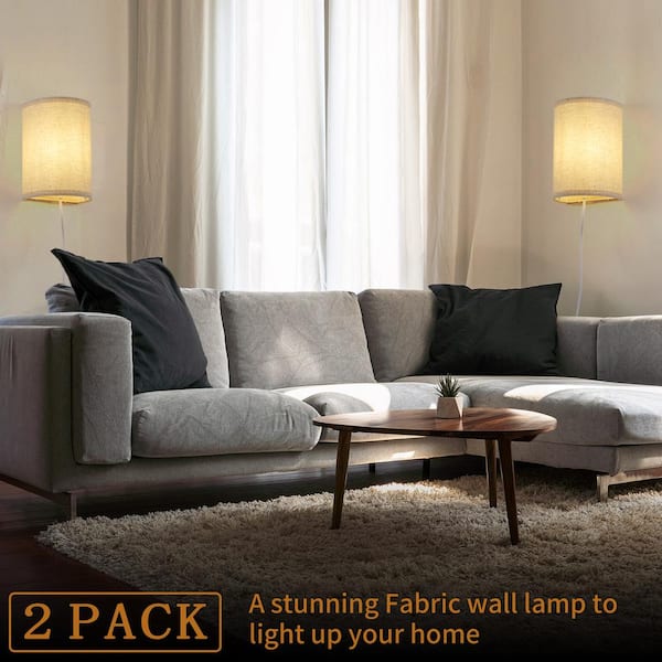 1-Light Off-White Fabric Round LED Wall Sconce Wall Light with Bulb (2-Pack)