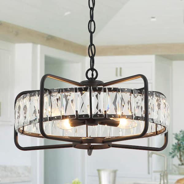 17 in. 4-Light Black Modern Crystal Chandelier with Metal Geometric Frame