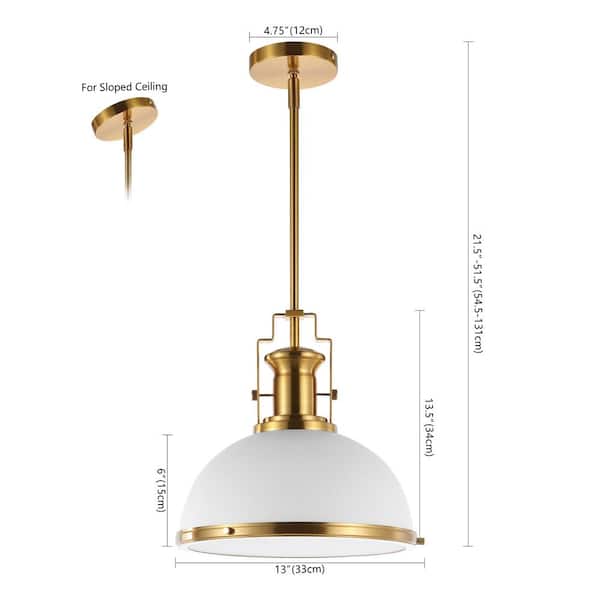 Homer 13 in. 1-Light Brass Gold/White Modern Industrial Iron LED Dome Globe Pendant