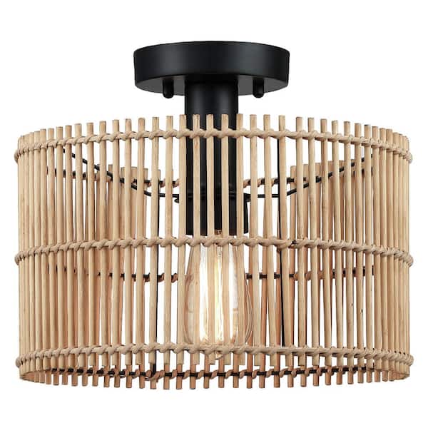 11.8 in. 1-Light Eclectic Natural Rattan and Bamboo Semi-Flush Mount Ceiling Light with Black Hardware