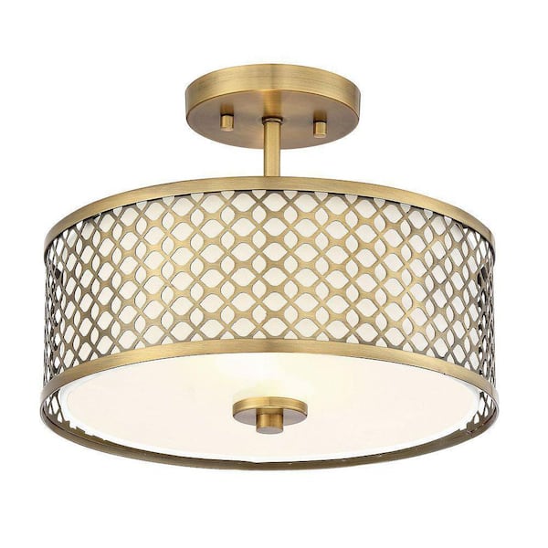 13 in. W x 10 in. H 2-Light Natural Brass Semi-Flush Mount with White Fabric Shade and Geometric Metal Frame