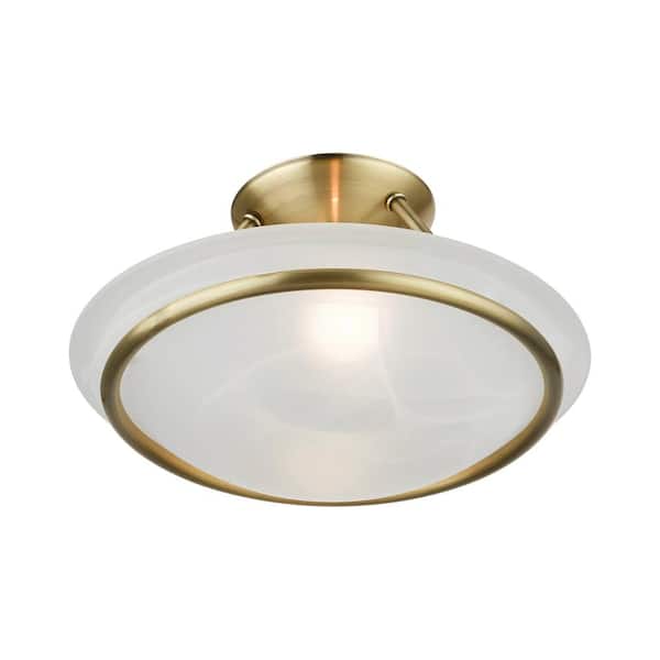 Newburgh 12 in. 2-Light Antique Brass Semi-Flush Mount with White Alabaster Glass