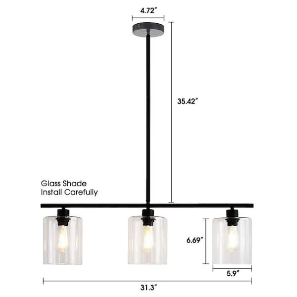 3-Light Matte Black Modern Kitchen Island Light fixtures,Linear Chandelier Pendant Hanging Light with Clear Glass Shade