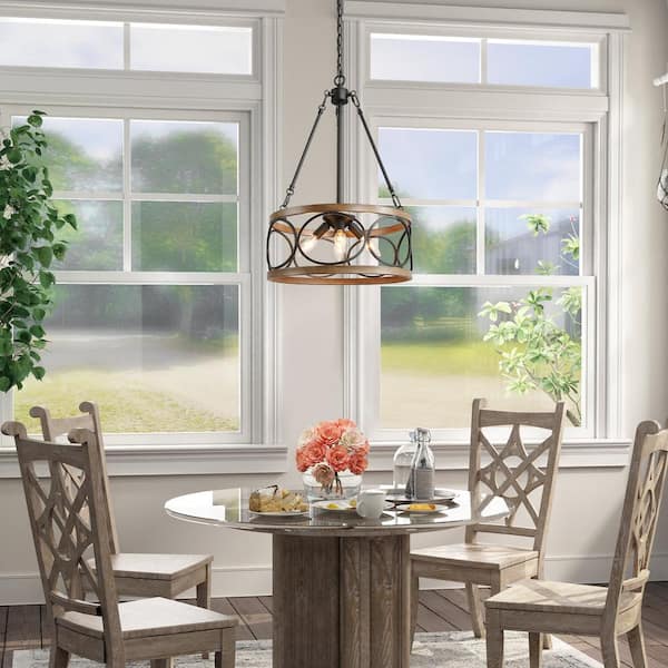 Brown Drum Chandelier, 4-Light Black Cage Farmhouse Chandelier Dining Room Pendant Light with Wood Accents