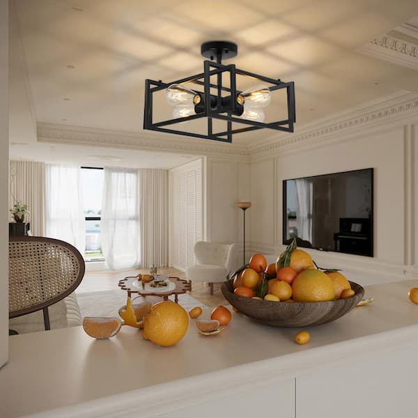 4 Lights Semi-Flush Mount Ceiling Light Chandelier Black Square Frame Pendant Light for Kitchen Island,Entryway,Hallway