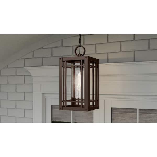 Pelham 9.5 in. 1-Light Western Bronze Outdoor Pendant-Light with Clear Seeded Glass