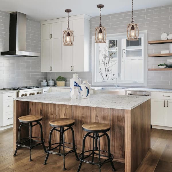 Farmhouse Wood Pendant 1-Light Brown Drum Cage Rustic Cylinder Island Pendant Light for Kitchen, Living Room, foyer