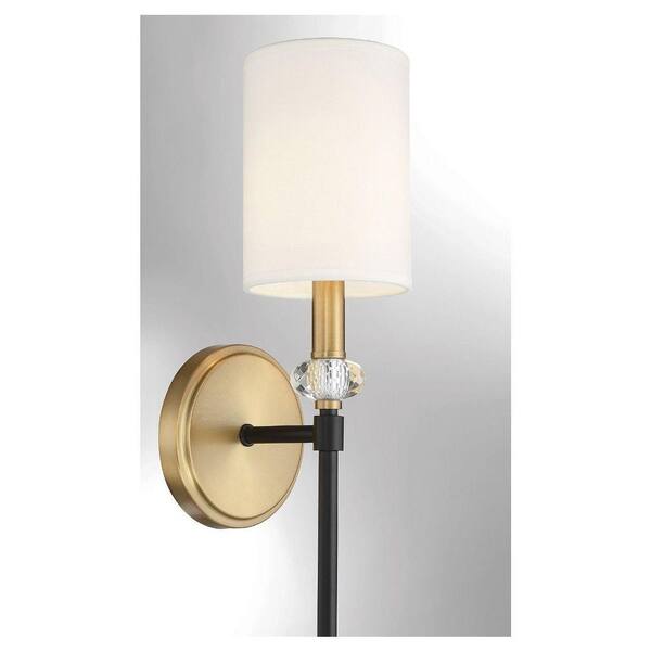 Tivoli 5 in. W x 19 in. H 1-Light Matte Black/Warm Brass Wall Sconce with Faceted Crystal Bauble and White Fabric Shade