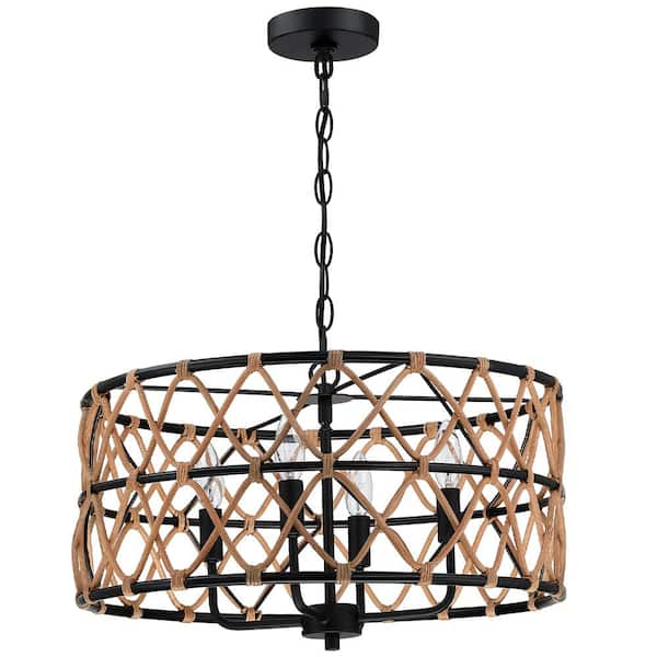 Trellis 20 in. 4-Light Black Drum Chandelier with Natural Rattan Shade