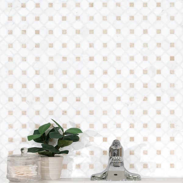 Bianco Dolomite Crema Dotty 12.4 in. x 12.4 in. x 10 mm Polished Marble Mosaic Tile (10.7 sq. ft. / case)