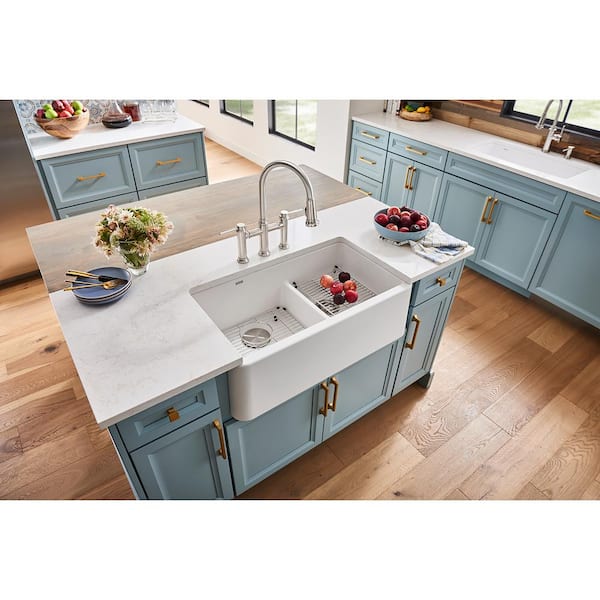 Ikon White Granite 33 in. Double Bowl Farmhouse Apron Kitchen Sink