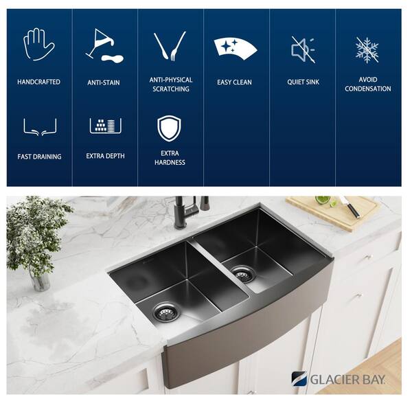 Gunmetal Black Stainless Steel 33 in. 18-Gauge Double Bowl Farmhouse Kitchen Sink with Black Spring Neck Faucet