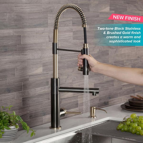 Artec Pro Single Handle Pull Down Sprayer Kitchen Faucet with Pot Filler in Black Stainless Steel/Brushed Gold