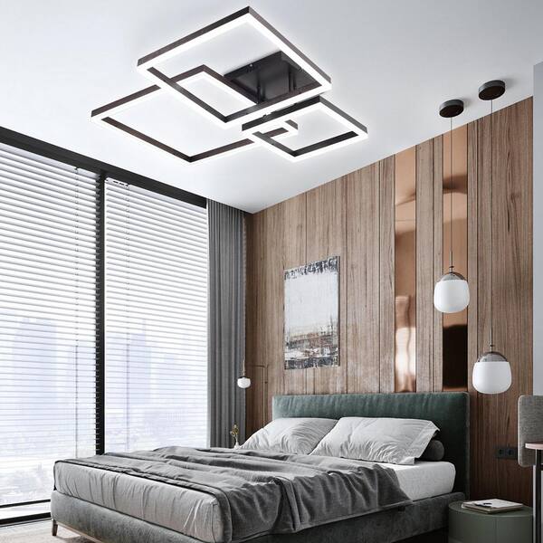 32 in. 1-Light Black Modern Geometric Design Selectable LED Semi-Flush Mount Ceiling Light with Remote
