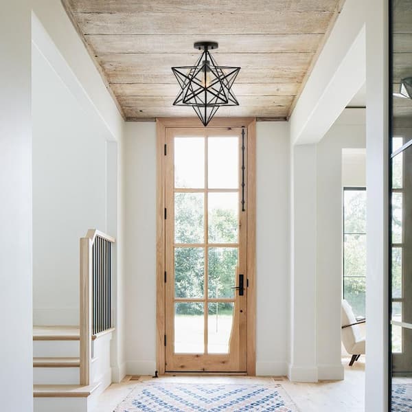 Ava 14.5 in. Black/Clear 1-Light Farmhouse Bohemian Iron/Glass LED Semi Flush Mount