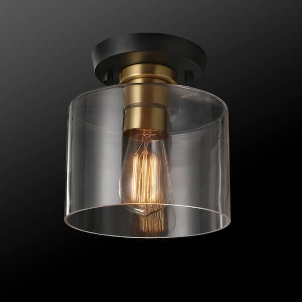 Polly 7 in. 1-Light Black Semi-Flush Mount Light with Brass Accent and Clear Glass Shade, Vintage Edison Bulb Included
