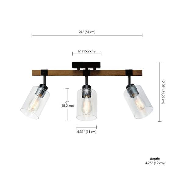 Austin 2 ft. 3-Light Faux Wood Fixed Track Lighting Kit with Matte Black Accents and Clear Glass Shades