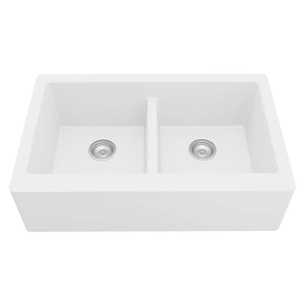 QA-750 Quartz/Granite 34 in. Double Bowl 50/50 Farmhouse/Apron Front Kitchen Sink in White with Grid and Strainer