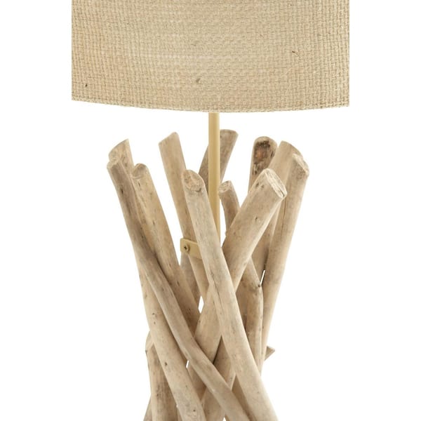 24 in. Light Brown Driftwood Handmade Task and Reading Table Lamp with Cream Linen Shade