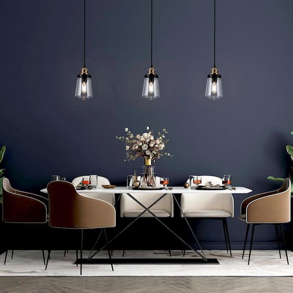 Modern Kitchen Island Chandelier Pendant Light 1-Light Black and Brass Cylinder Pendant Light with Clear Glass Shade