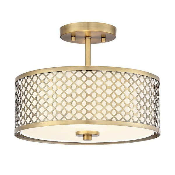 13 in. W x 10 in. H 2-Light Natural Brass Semi-Flush Mount with White Fabric Shade and Geometric Metal Frame