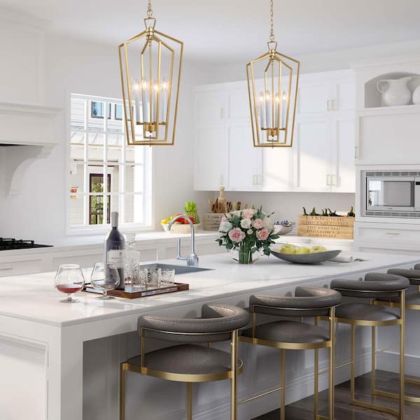 Gold Cage Pendant Light, Modern 4-Light Gold Geometric Dining Room Chandelier with Candle Style