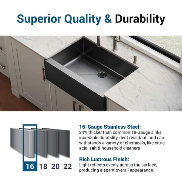 Nepera Black 16 Gauge Stainless Steel 30 in. Single Bowl Farmhouse Apron Kitchen Sink with Bottom Grid and Drain